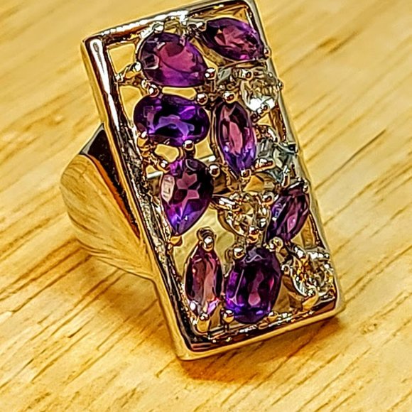Natural Amethyst,  Aquamarine & Swiss Blue Topaz 925 Sterling Silver Ring 7.5 - Picture 10 of 12